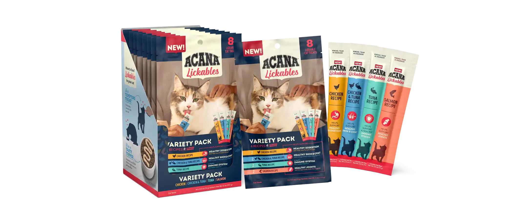 Complete ACANA Lickables product lineup showing variety packs and treat pouches